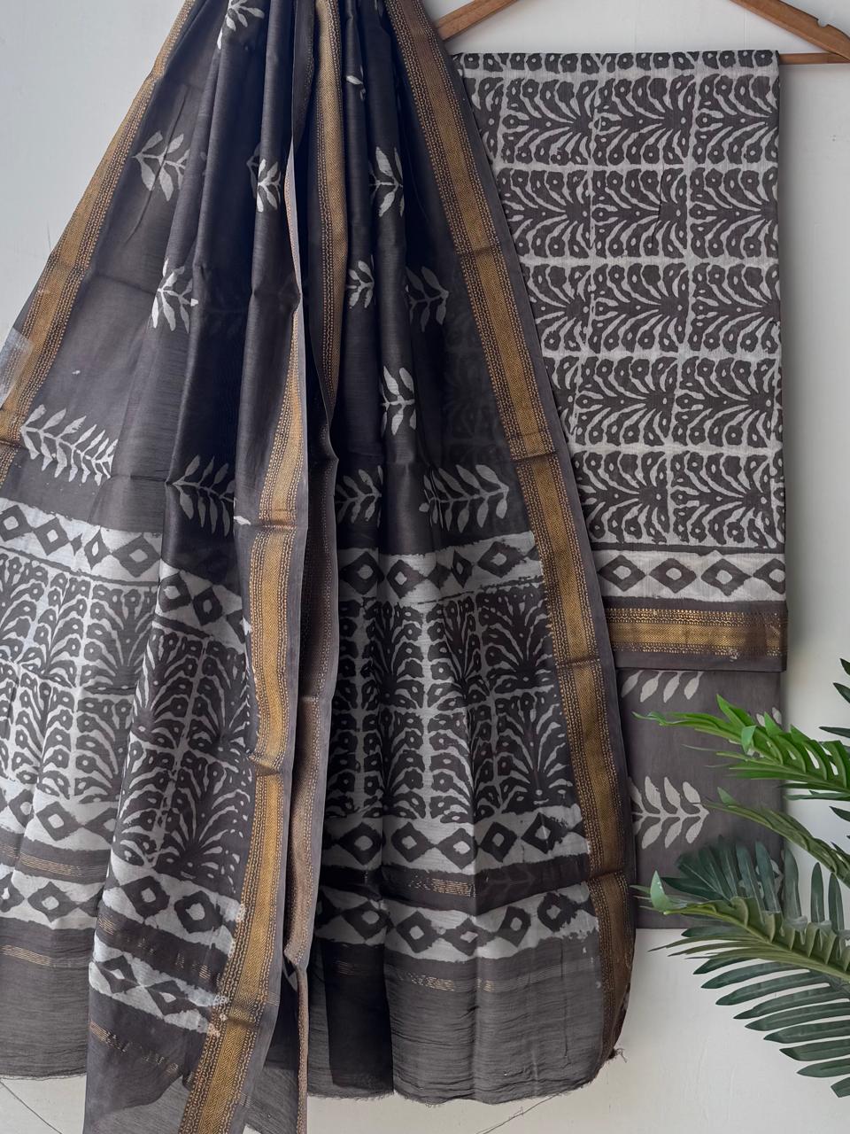 Hand block printed Maheswari silk suit