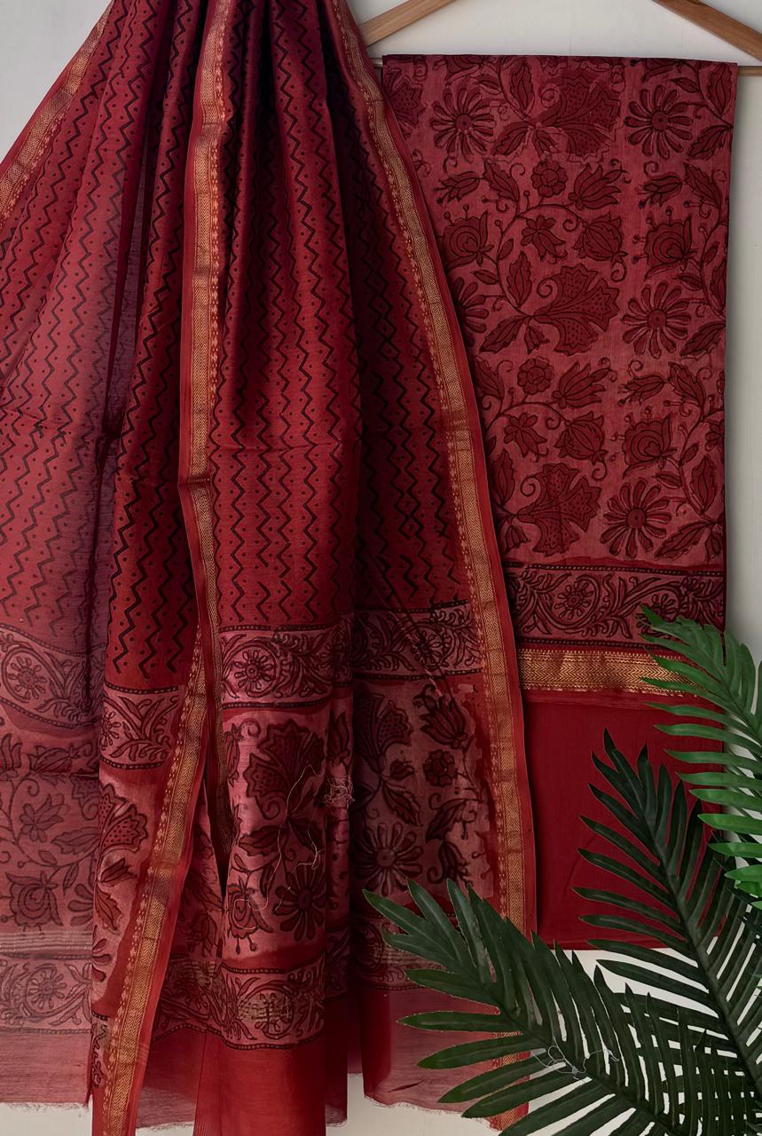 Hand block printed Maheswari silk suit