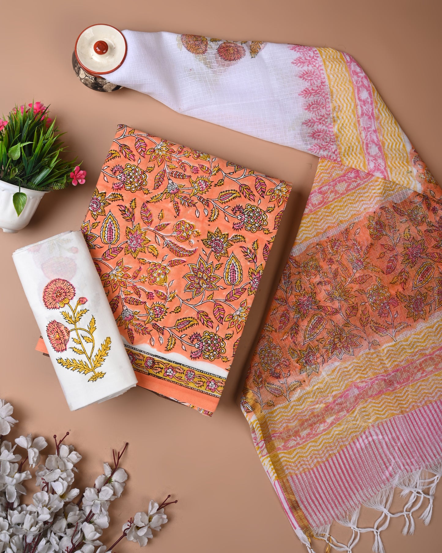 Designer Handblock printed cotton suit with kota doriya dupatta