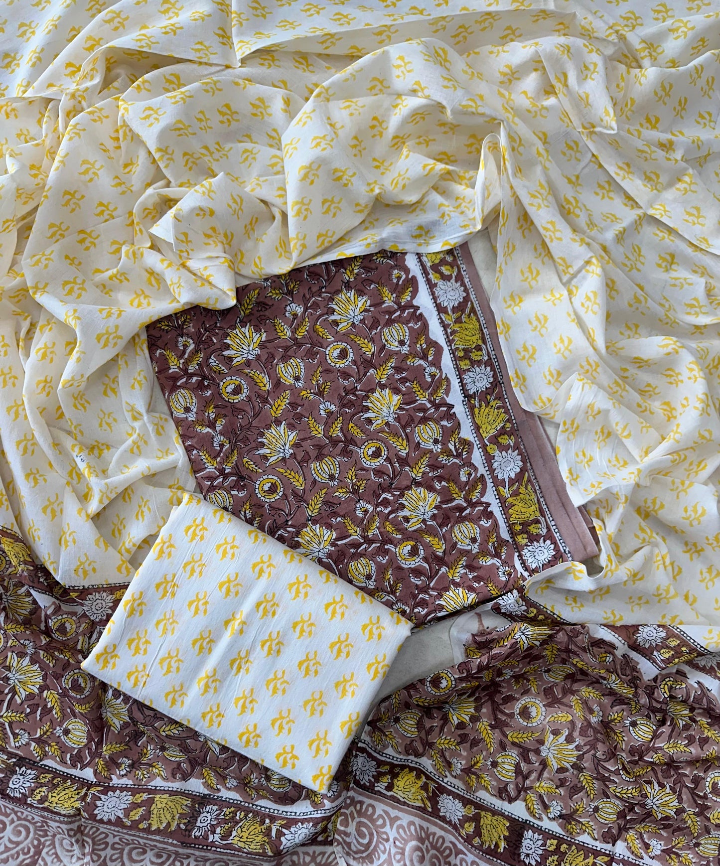 Traditional Hand printed cotton suit with cotton Dupatta