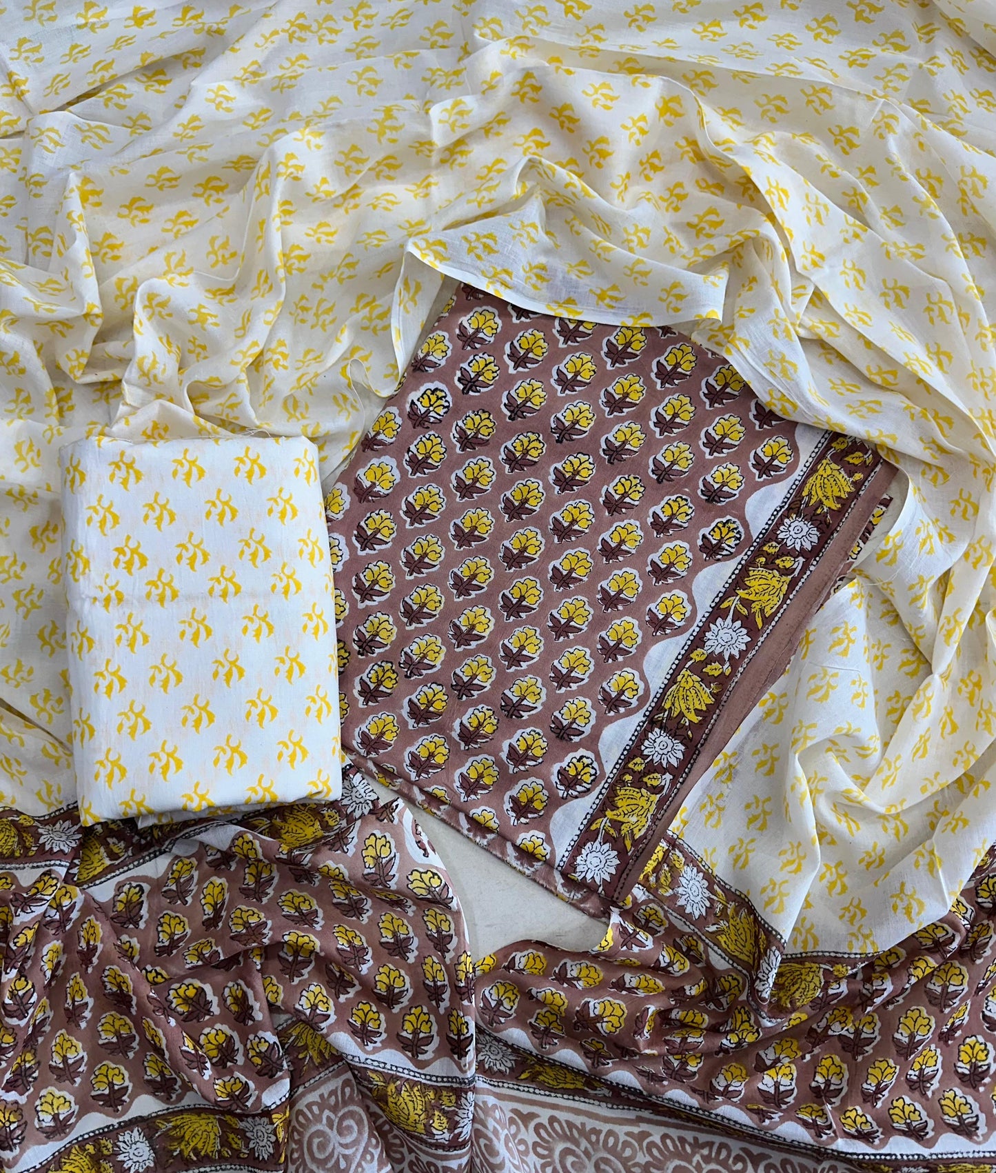 Traditional Hand printed cotton suit with cotton Dupatta