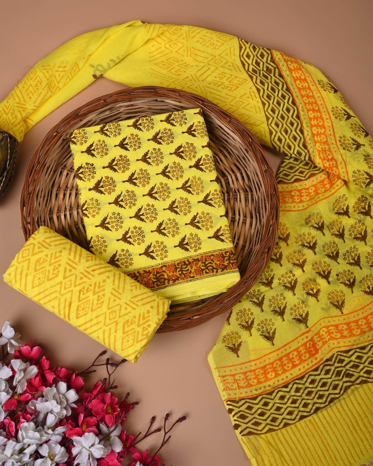 Traditional Hand printed cotton suit with cotton Dupatta