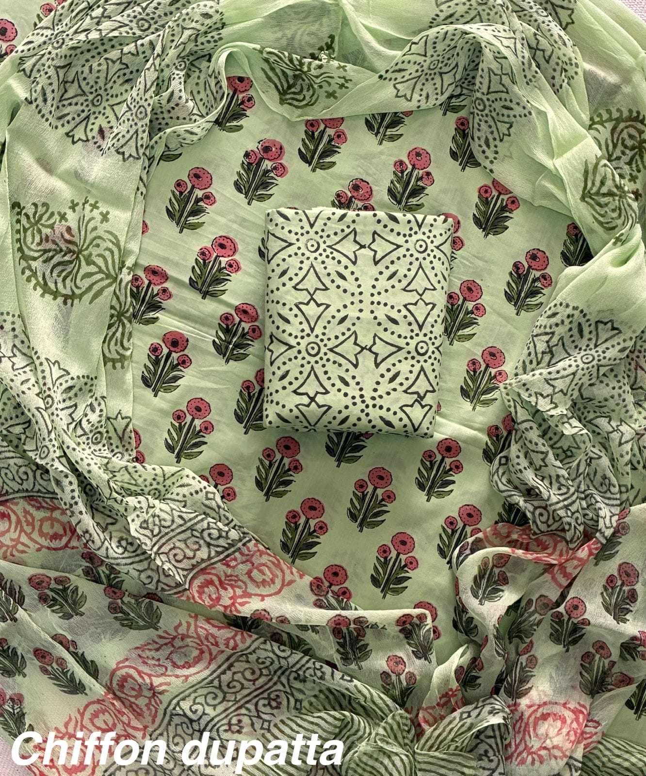 Traditional cotton suit with chiffon dupatta