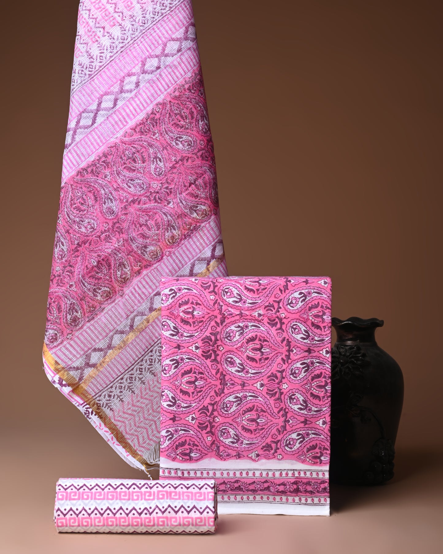 Designer Handblock printed cotton suit with kota doriya dupatta