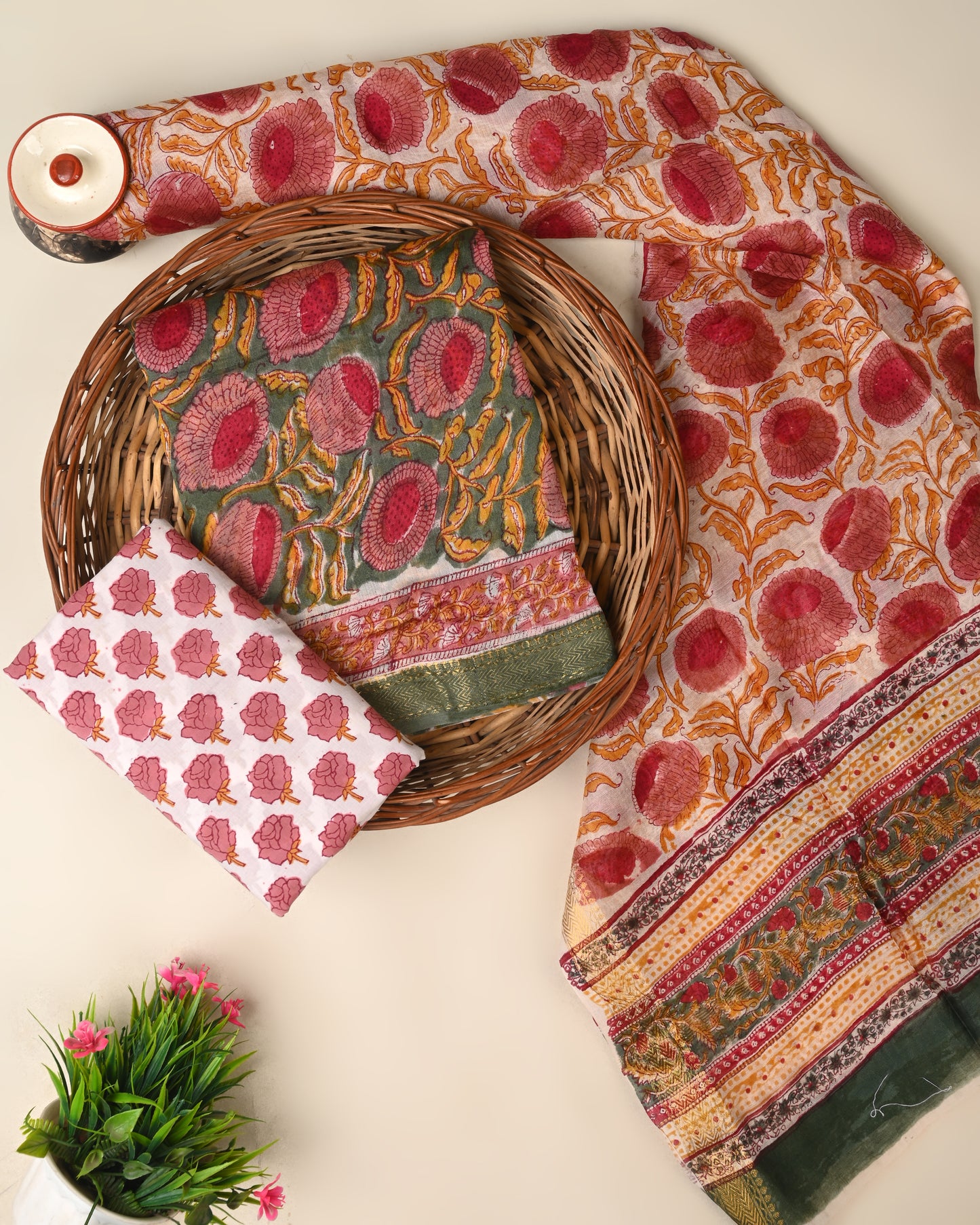 Hand block rapid printed Maheswari silk suit