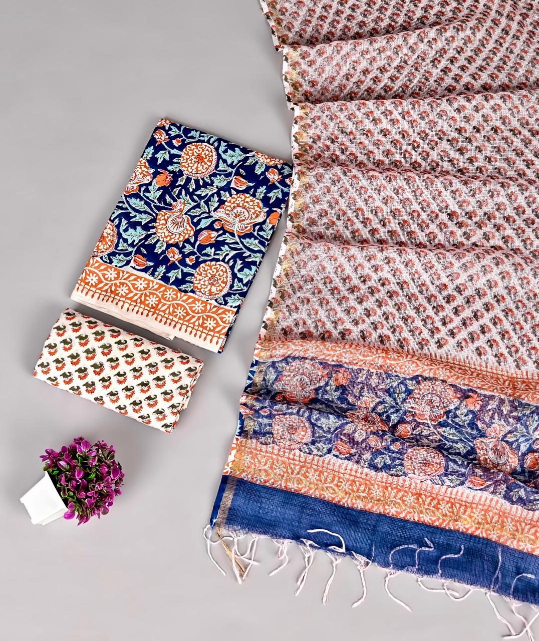 Designer Handblock printed cotton suit with kota doriya dupatta