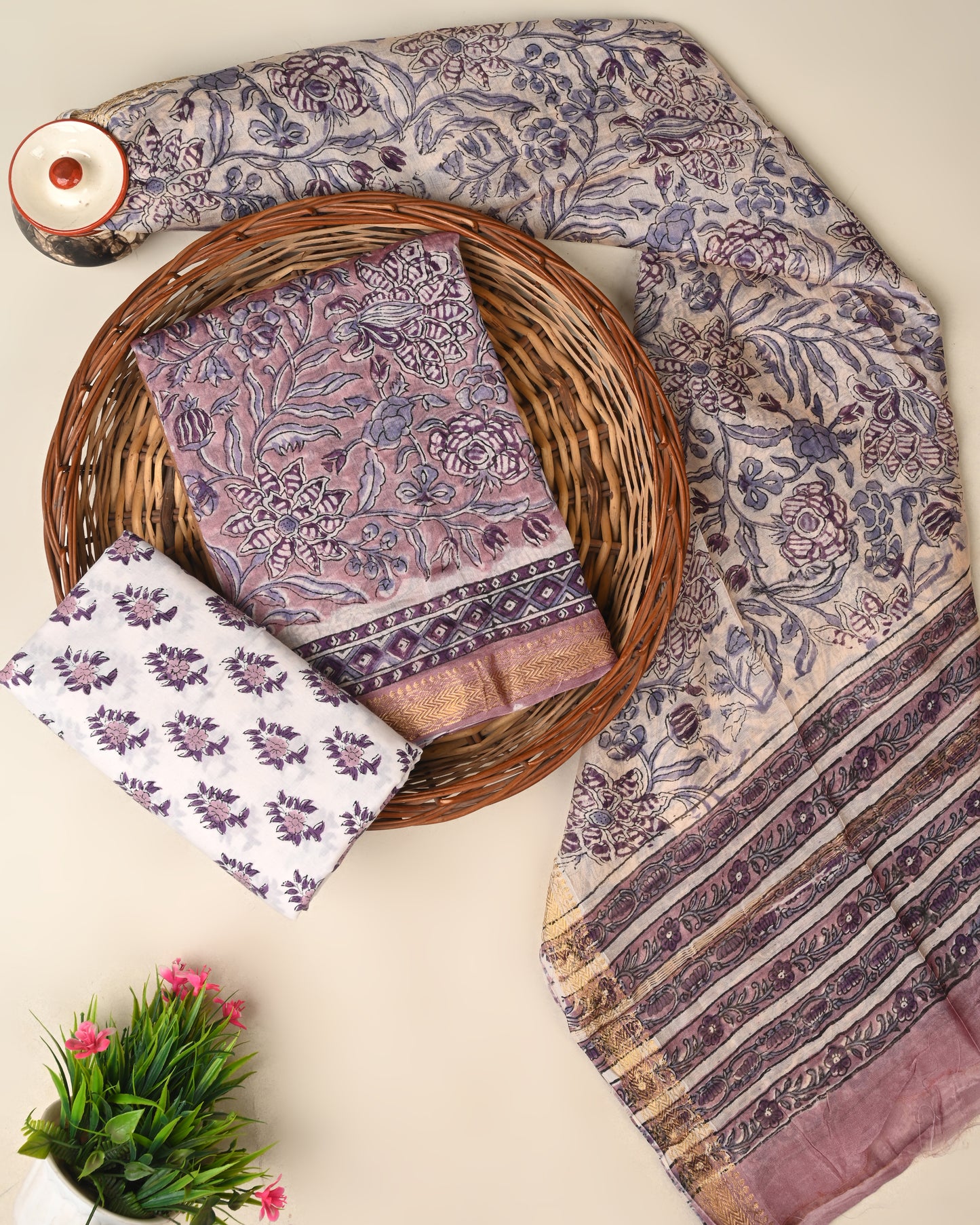 Hand block printed Maheswari silk suit