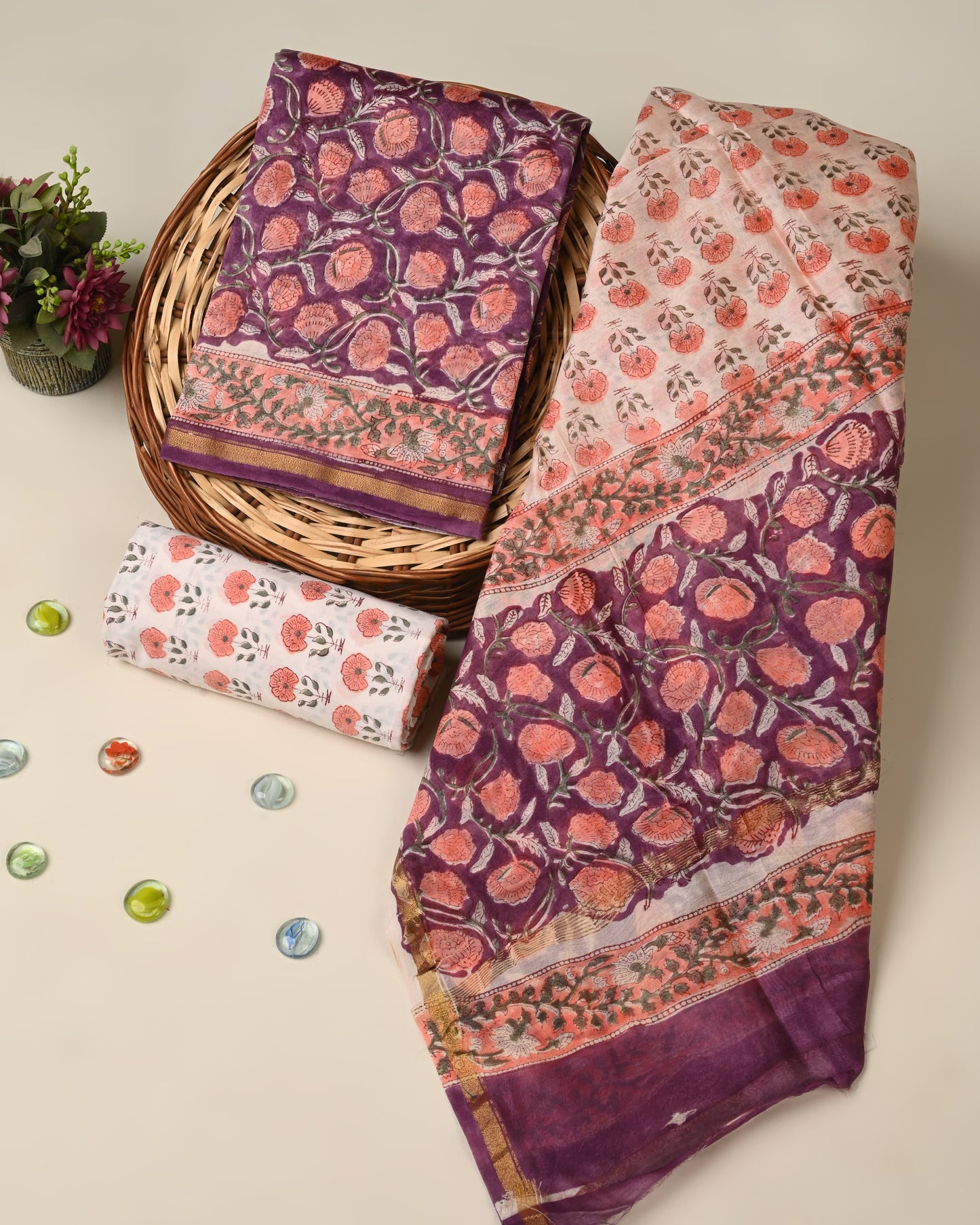 Hand block printed Chanderi Silk suit