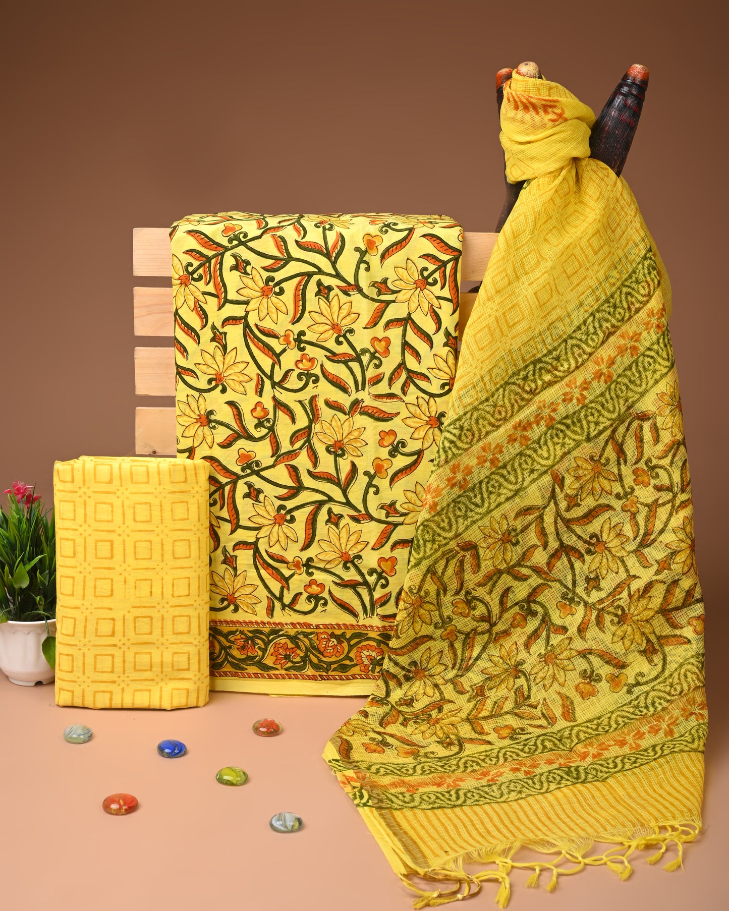 Designer Handblock printed cotton suit with kota doriya dupatta