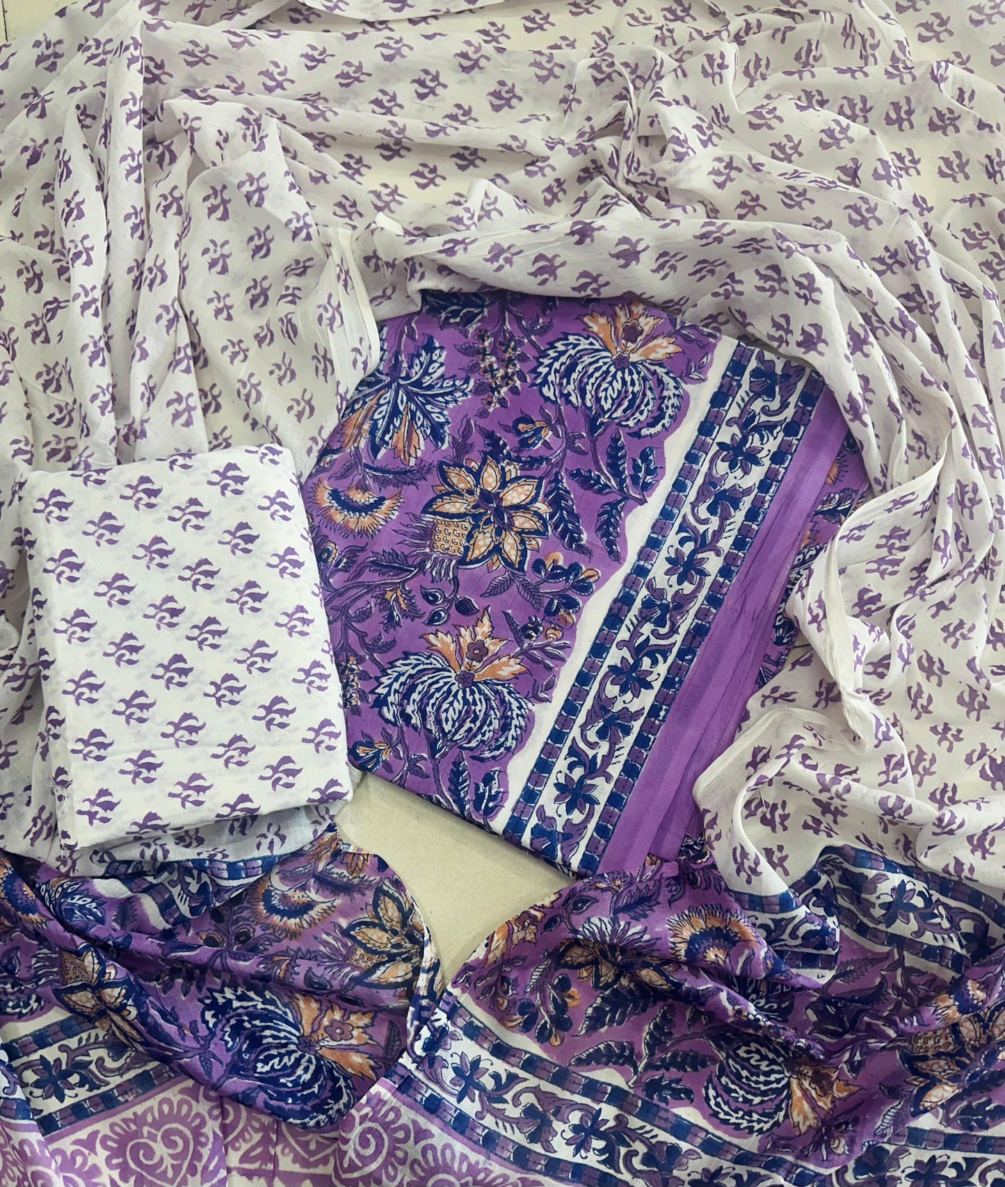 Traditional Hand printed cotton suit with cotton Dupatta