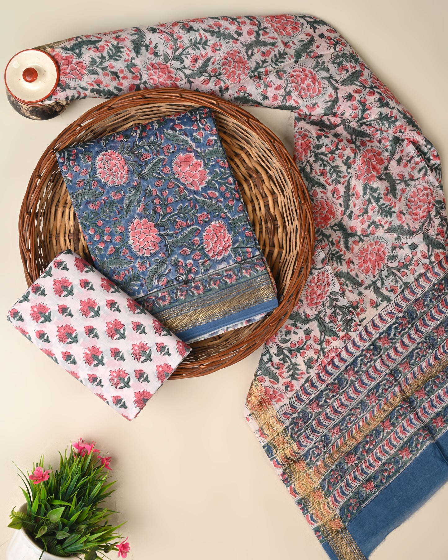 Hand block printed Maheswari silk suit