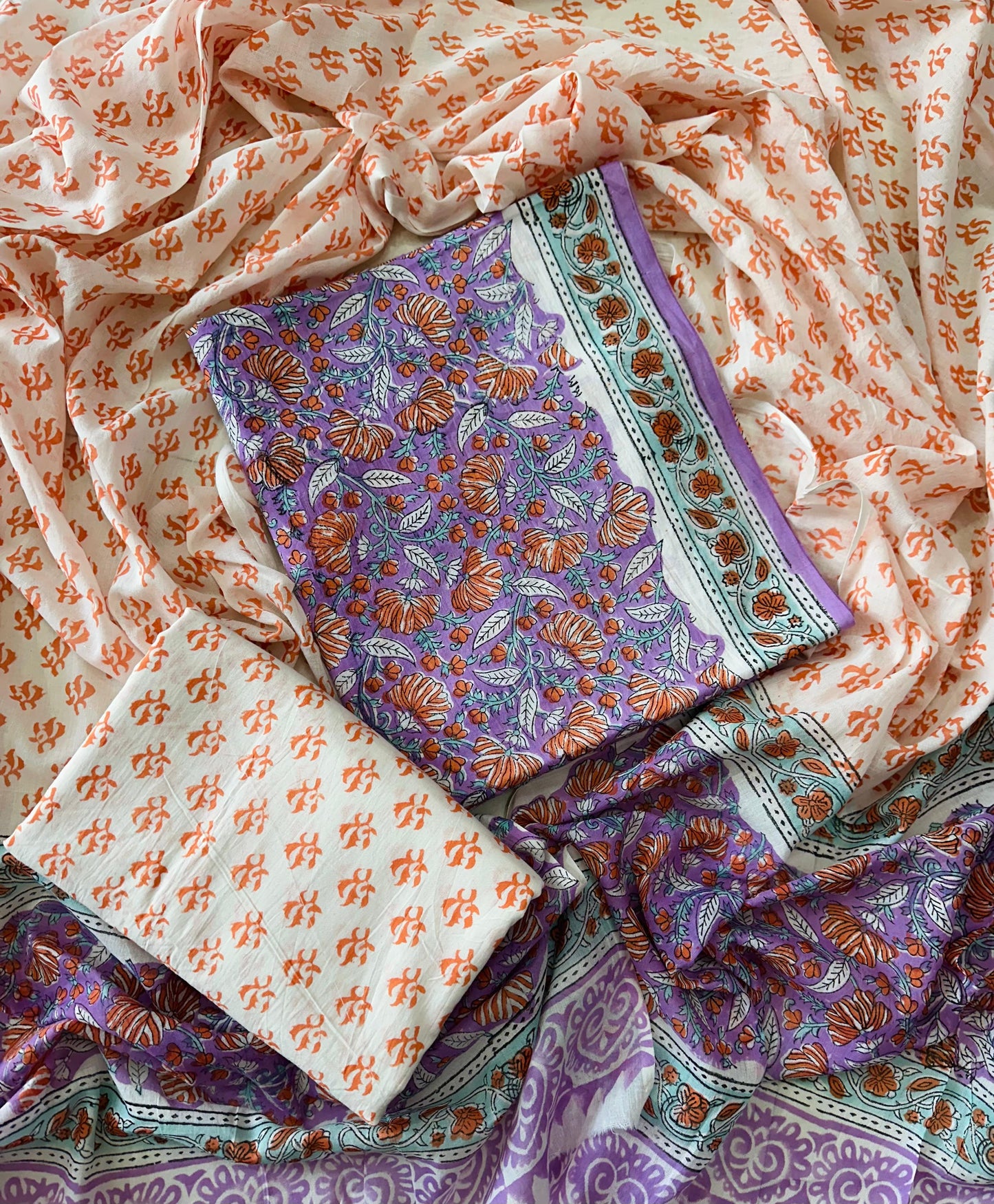 Traditional Hand Printed Cotton Suit With Cotton Dupatta