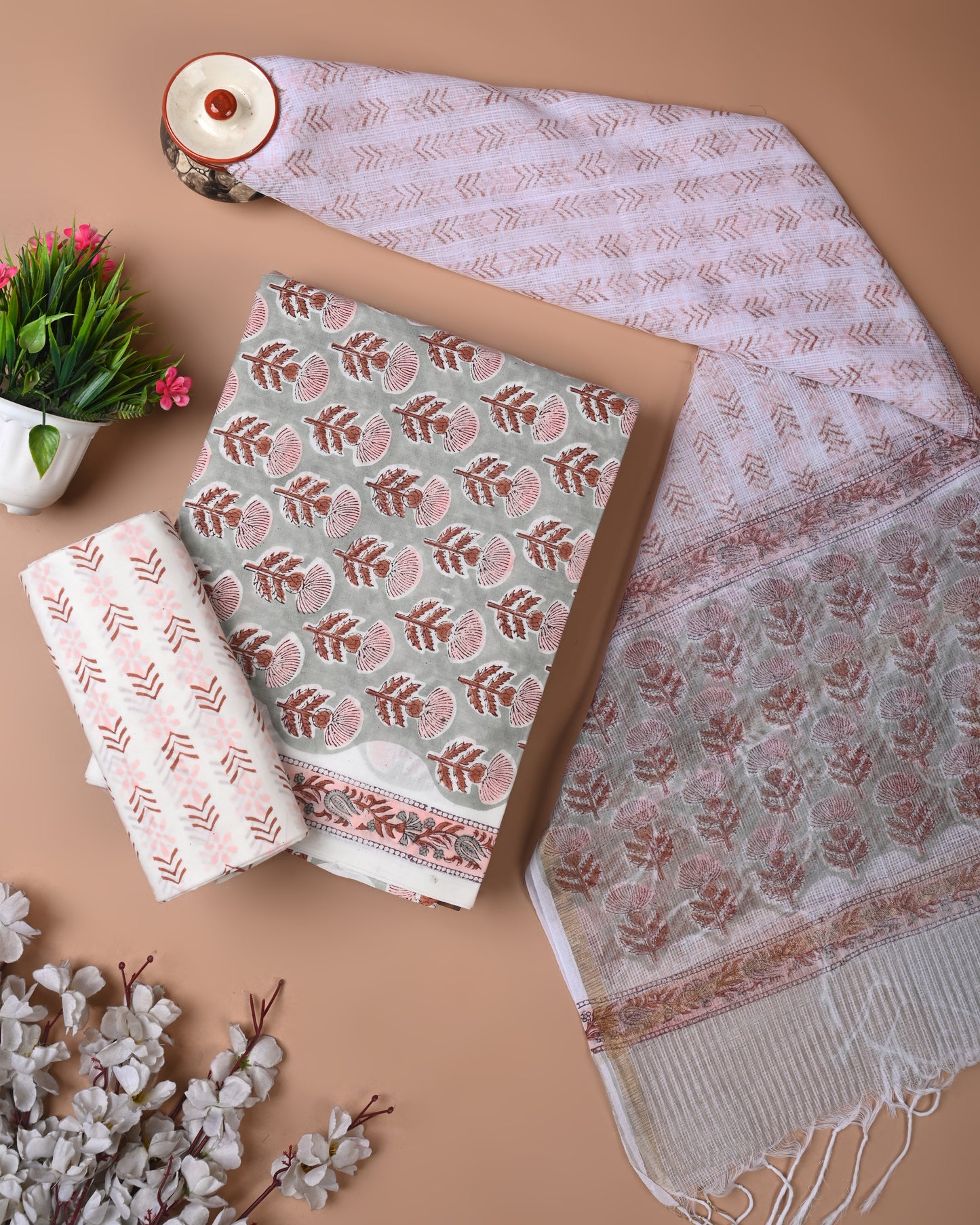 Designer Handblock printed cotton suit with kota doriya dupatta