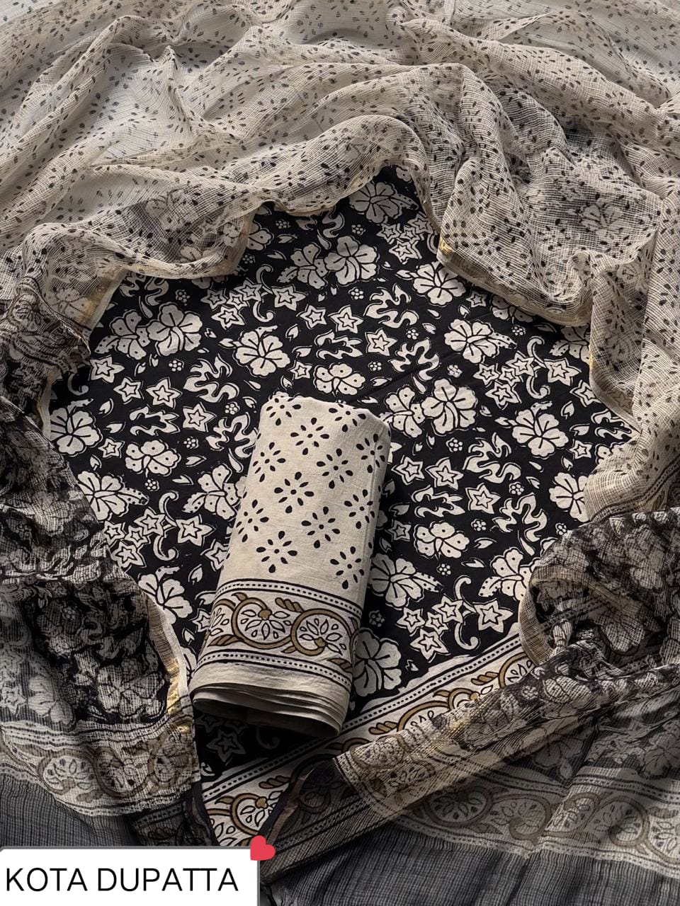 Designer Handblock printed cotton suit with kota doriya dupatta