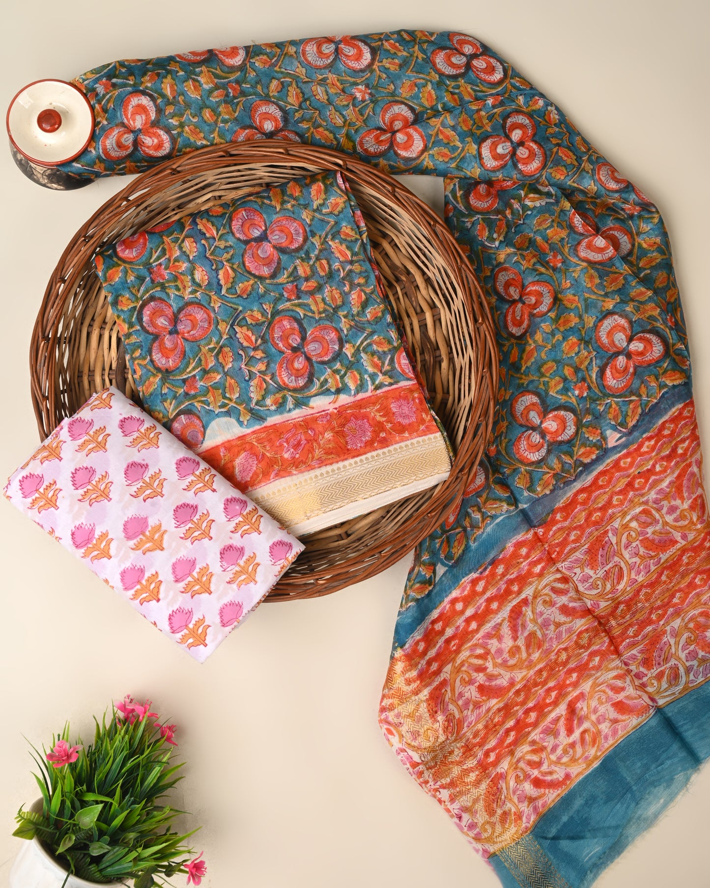 Hand block printed Maheswari silk suit