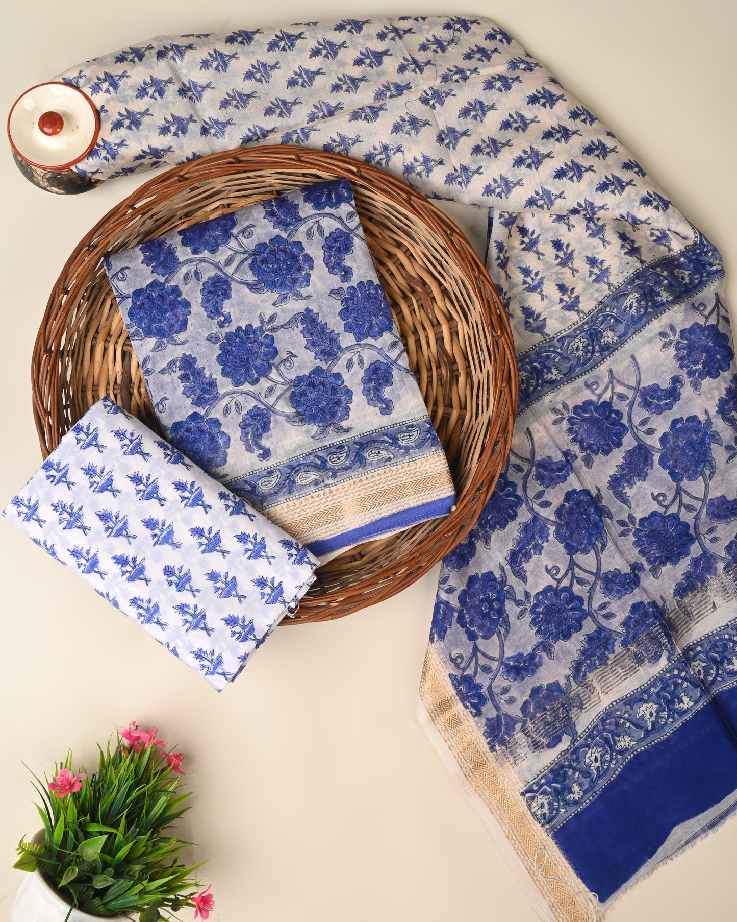 Hand block printed Maheswari silk suit