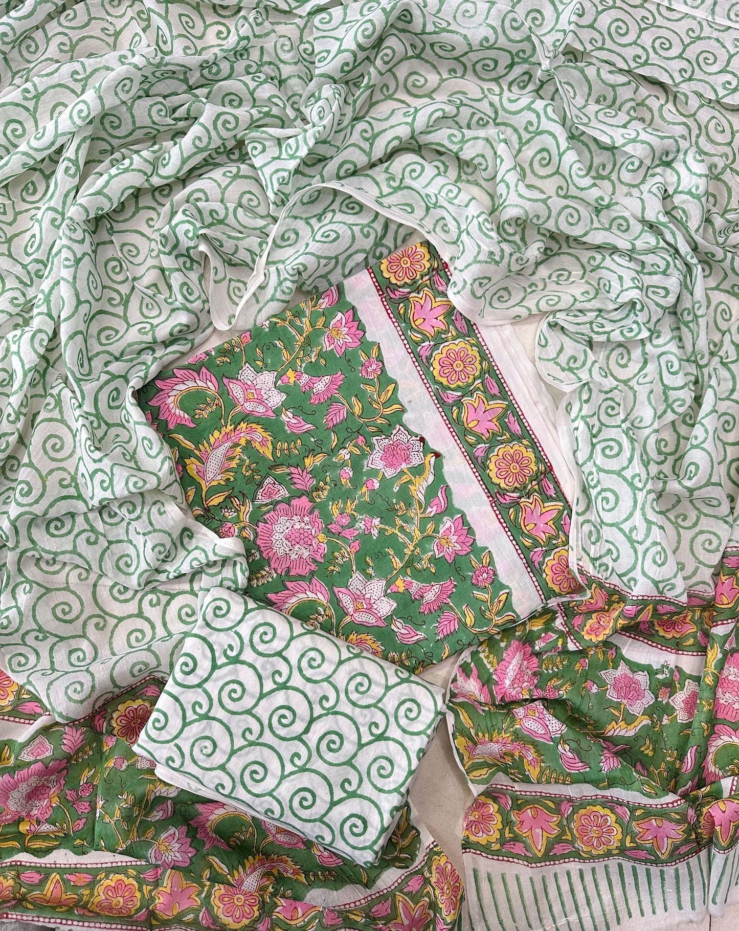 Traditional Hand printed cotton suit with cotton Dupatta