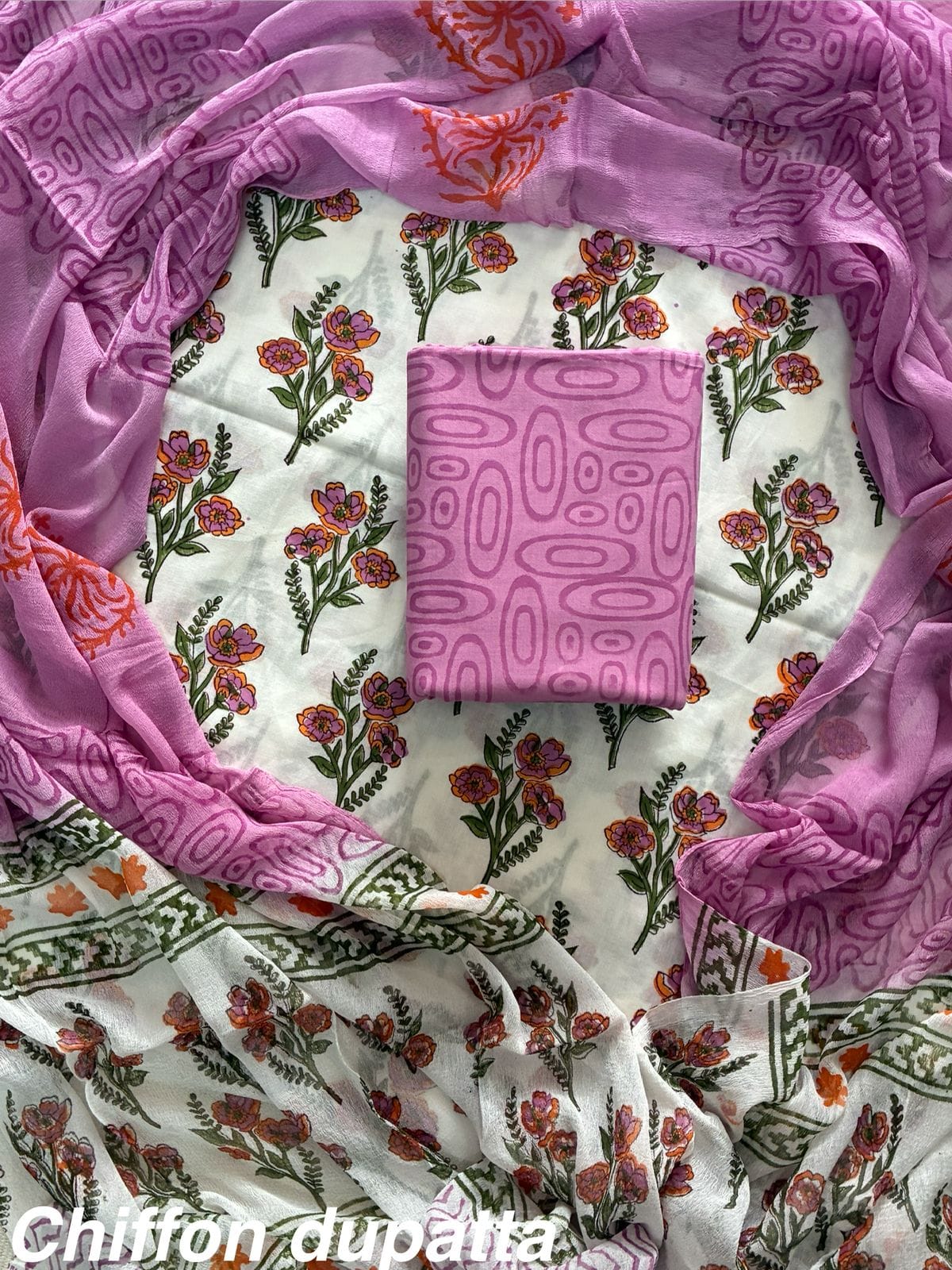 Traditional cotton suit with chiffon dupatta