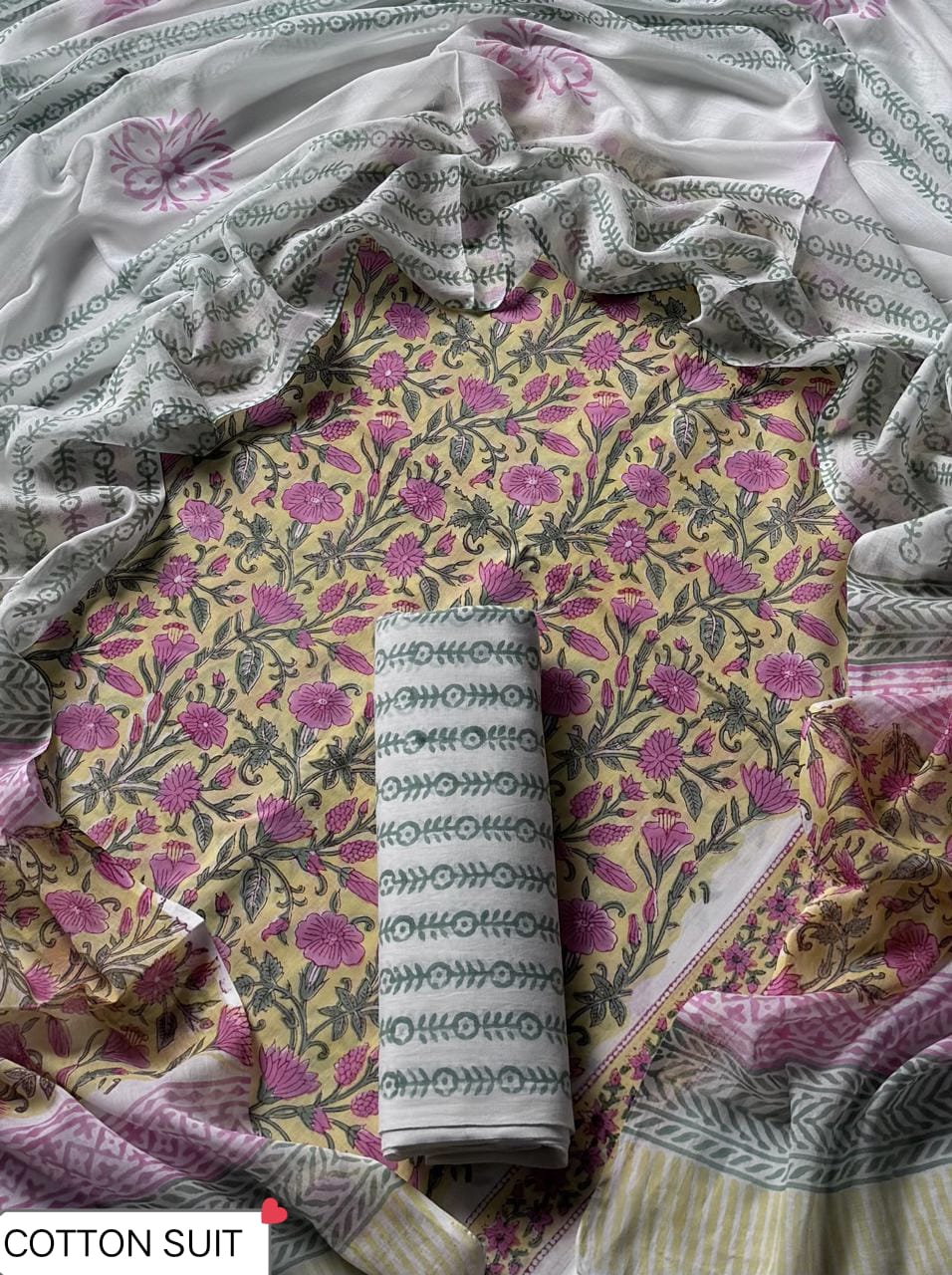 Traditional Hand printed cotton suit with cotton Dupatta