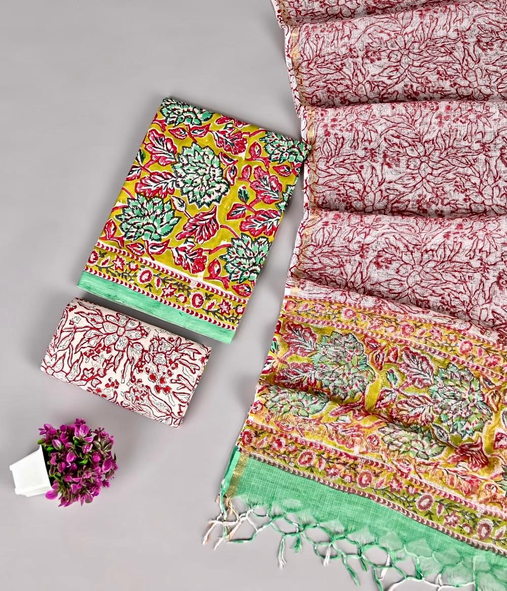 Designer Handblock printed cotton suit with kota doriya dupatta