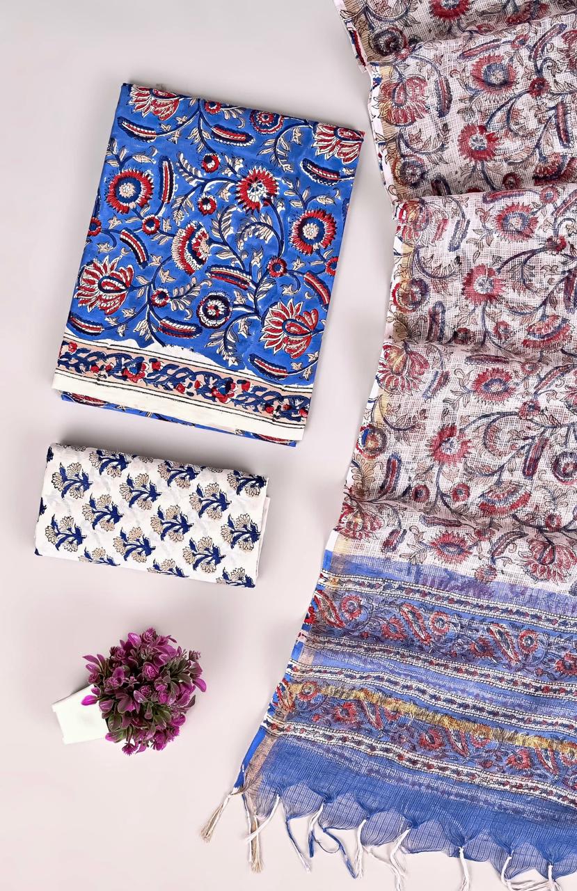 Designer Handblock printed cotton suit with kota doriya dupatta