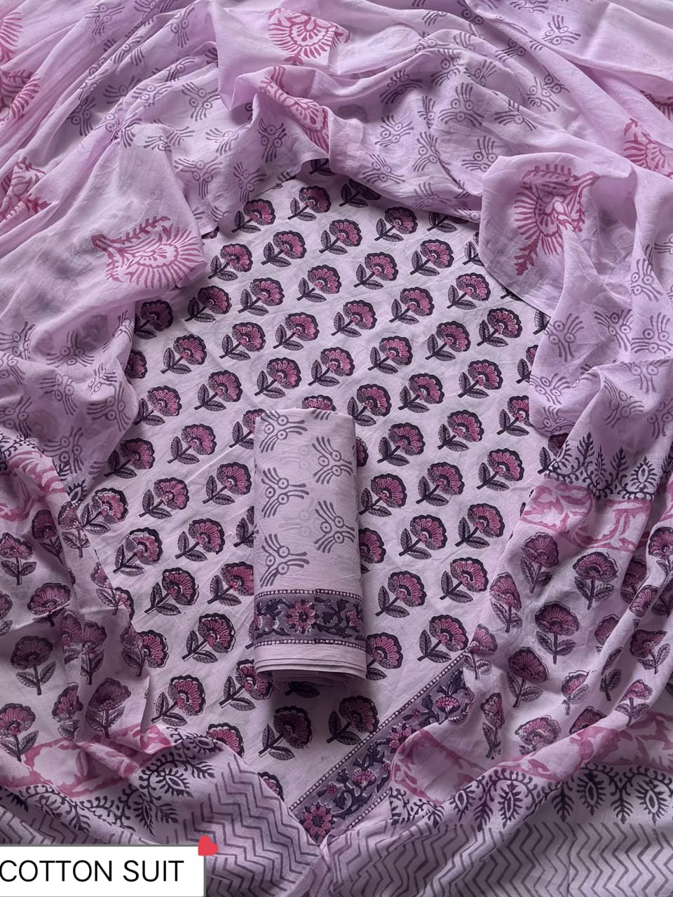 Traditional Hand printed cotton suit with cotton Dupatta