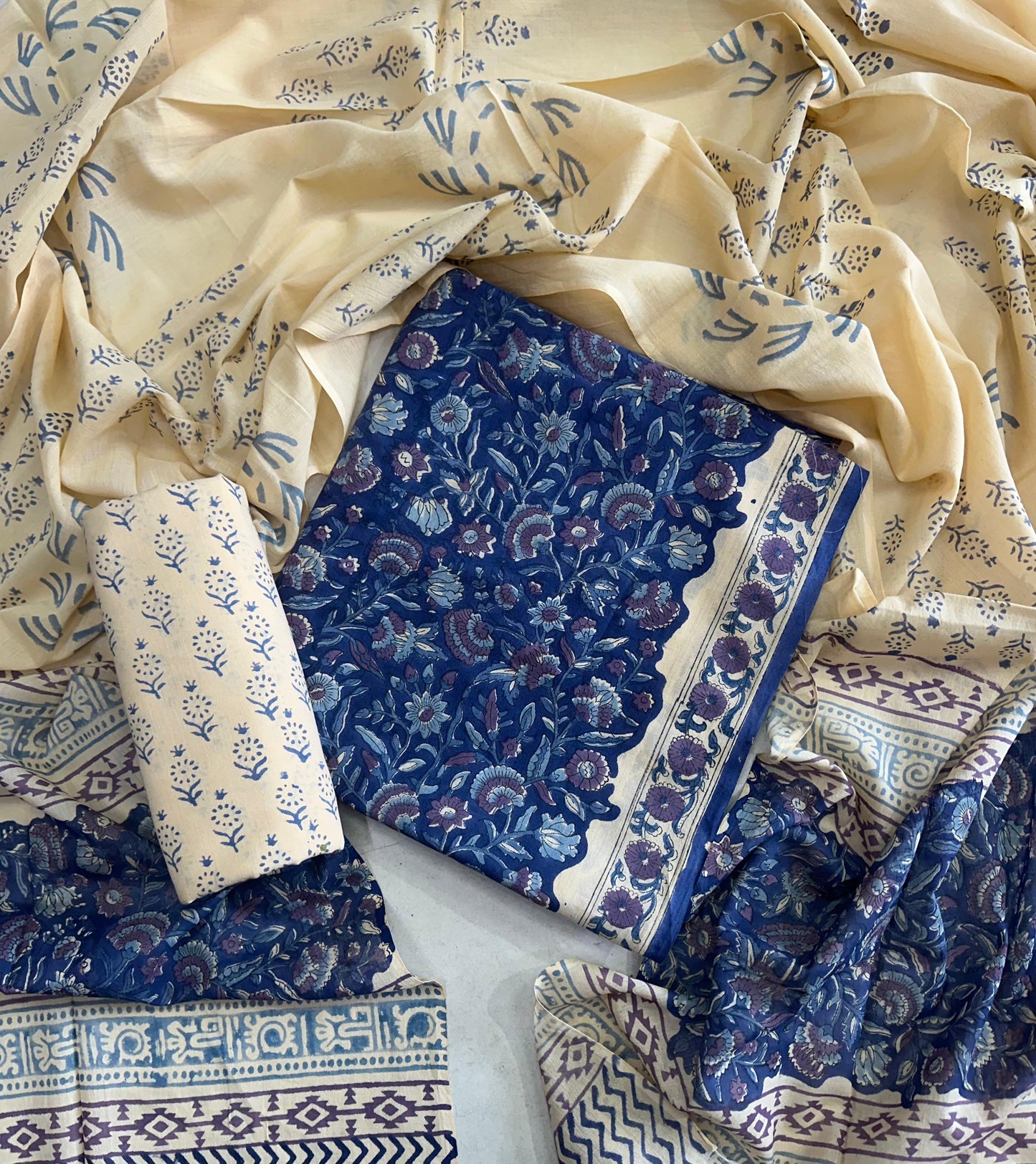 Traditional Hand Printed Cotton Suit With Cotton Dupatta