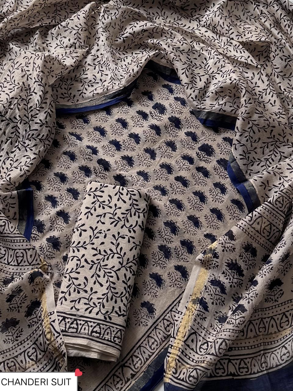 Hand block printed Chanderi Silk suit
