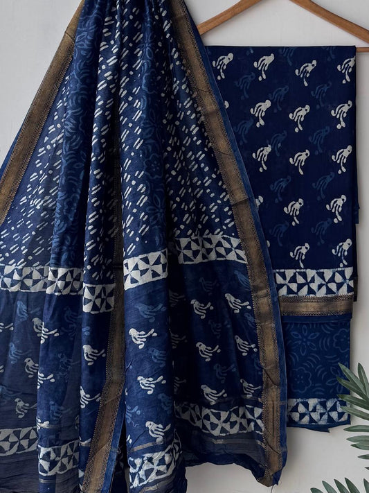 Hand block printed  Maheswari silk suit