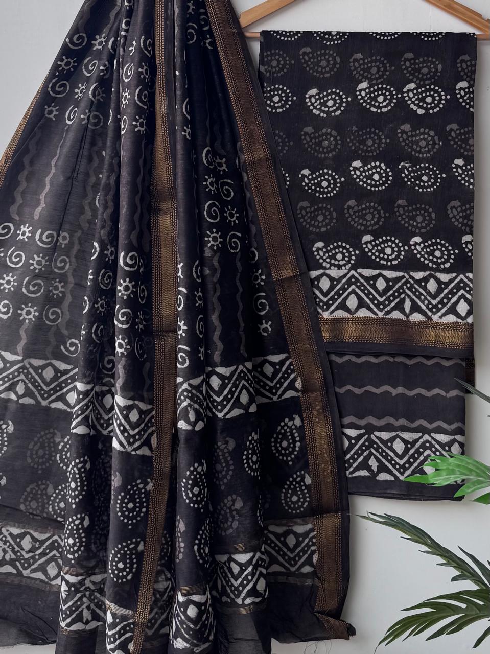 Hand block printed  Maheswari silk suit