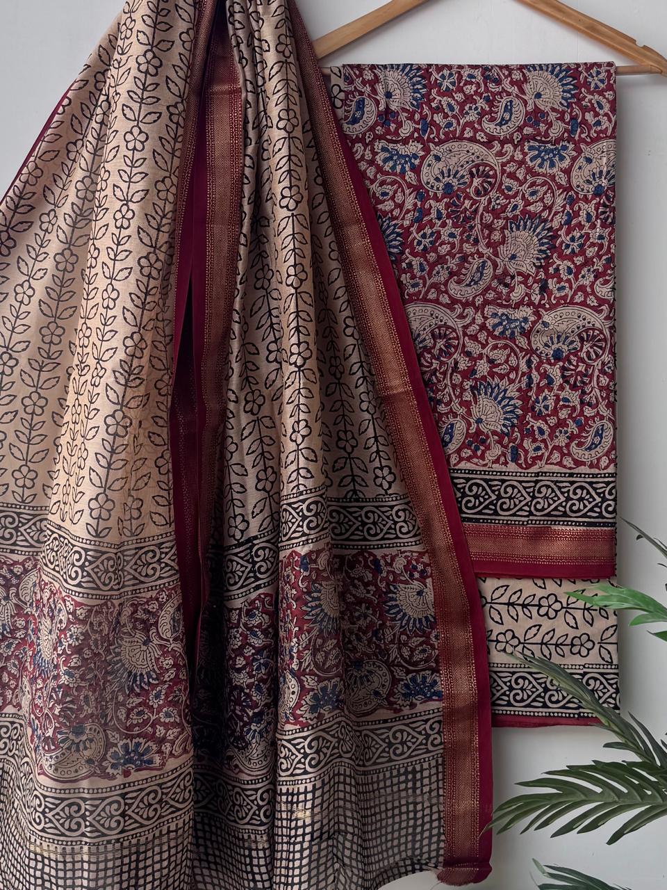 Hand block printed  Maheswari silk suit