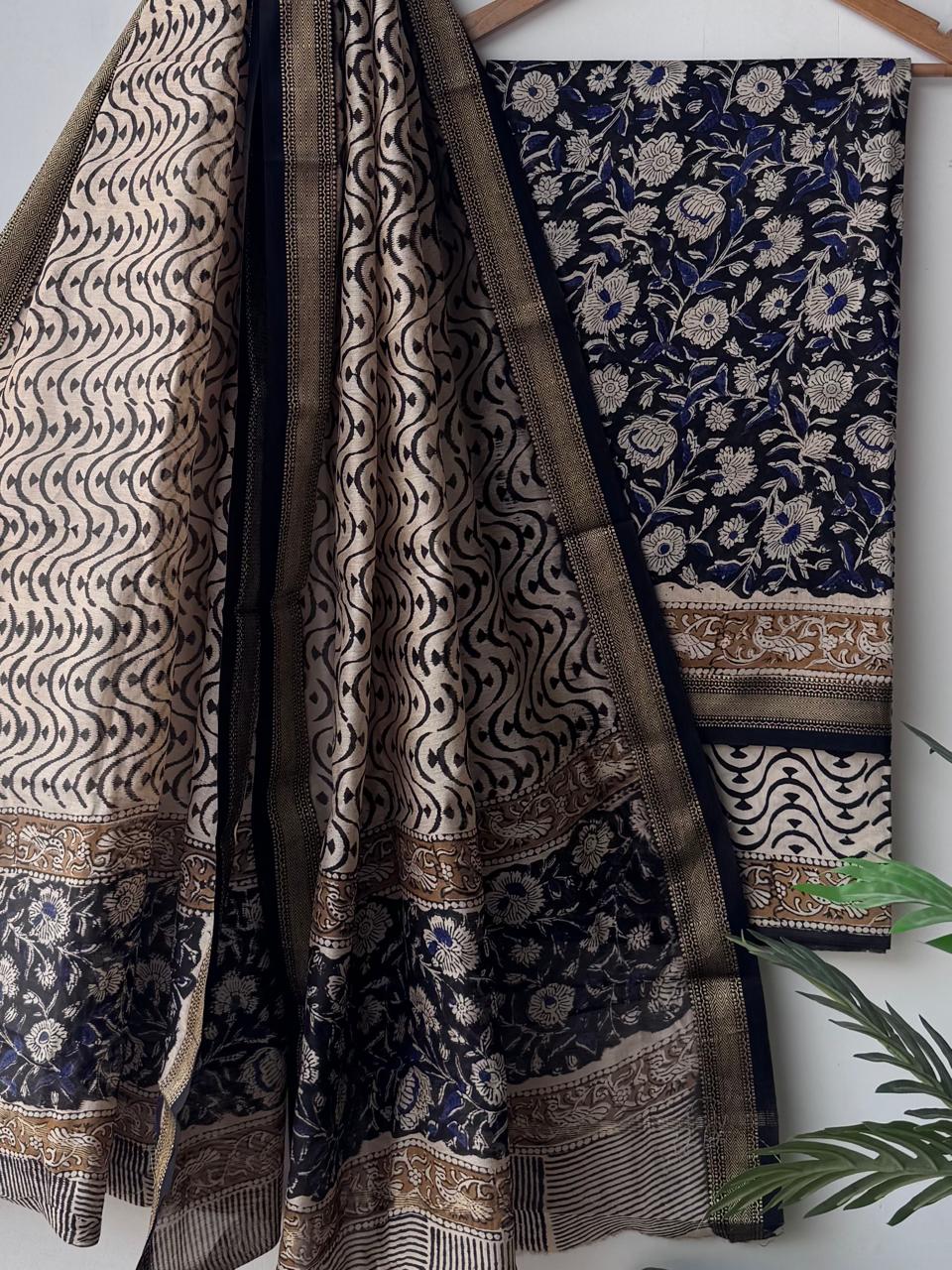 Hand block printed  Maheswari silk suit