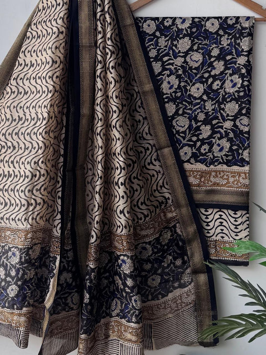 Hand block printed  Maheswari silk suit