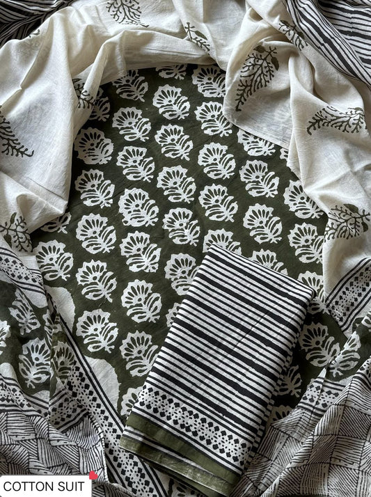 Traditional Hand printed cotton suit with malmal Dupatta