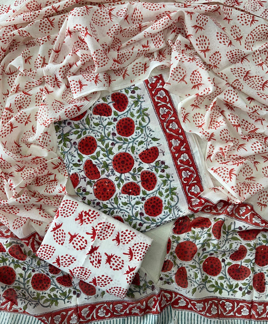 Designer hand block printed cotton suit with malmal dupatta