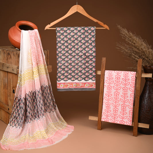 Traditional cotton suit with chiffon dupatta