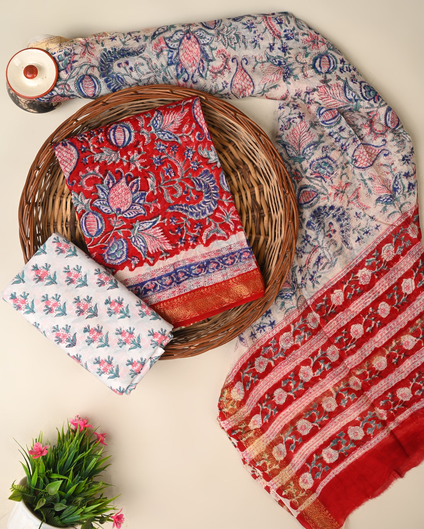 Hand block printed  Maheswari silk suit
