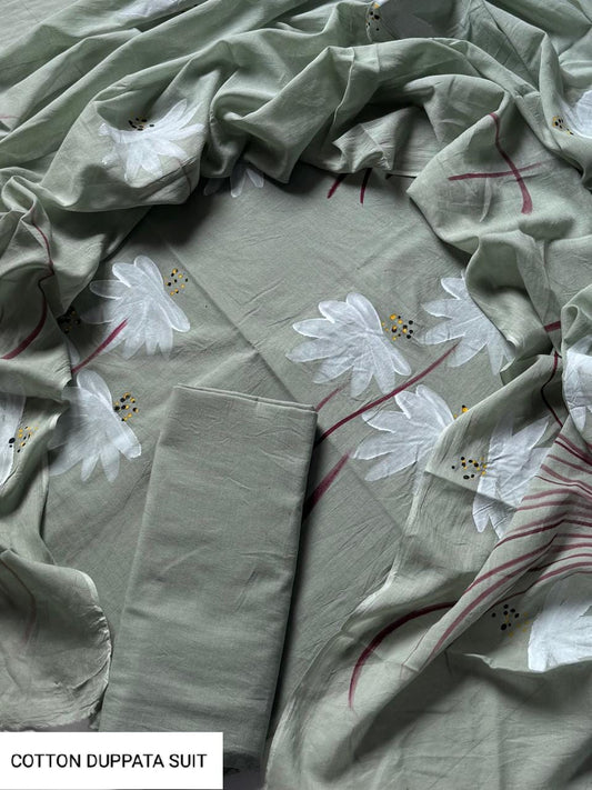 Traditional Hand Printed Cotton Suit With Cotton Dupatta