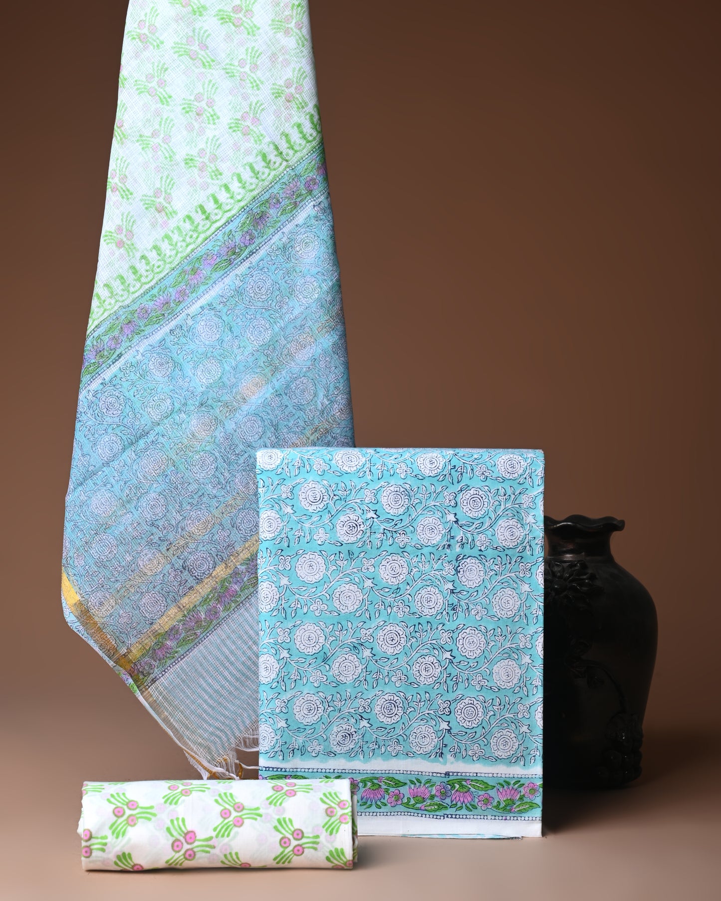 Designer Handblock printed cotton suit with kota doriya dupatta
