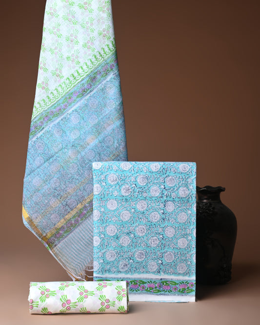 Designer Handblock printed cotton suit with kota doriya dupatta