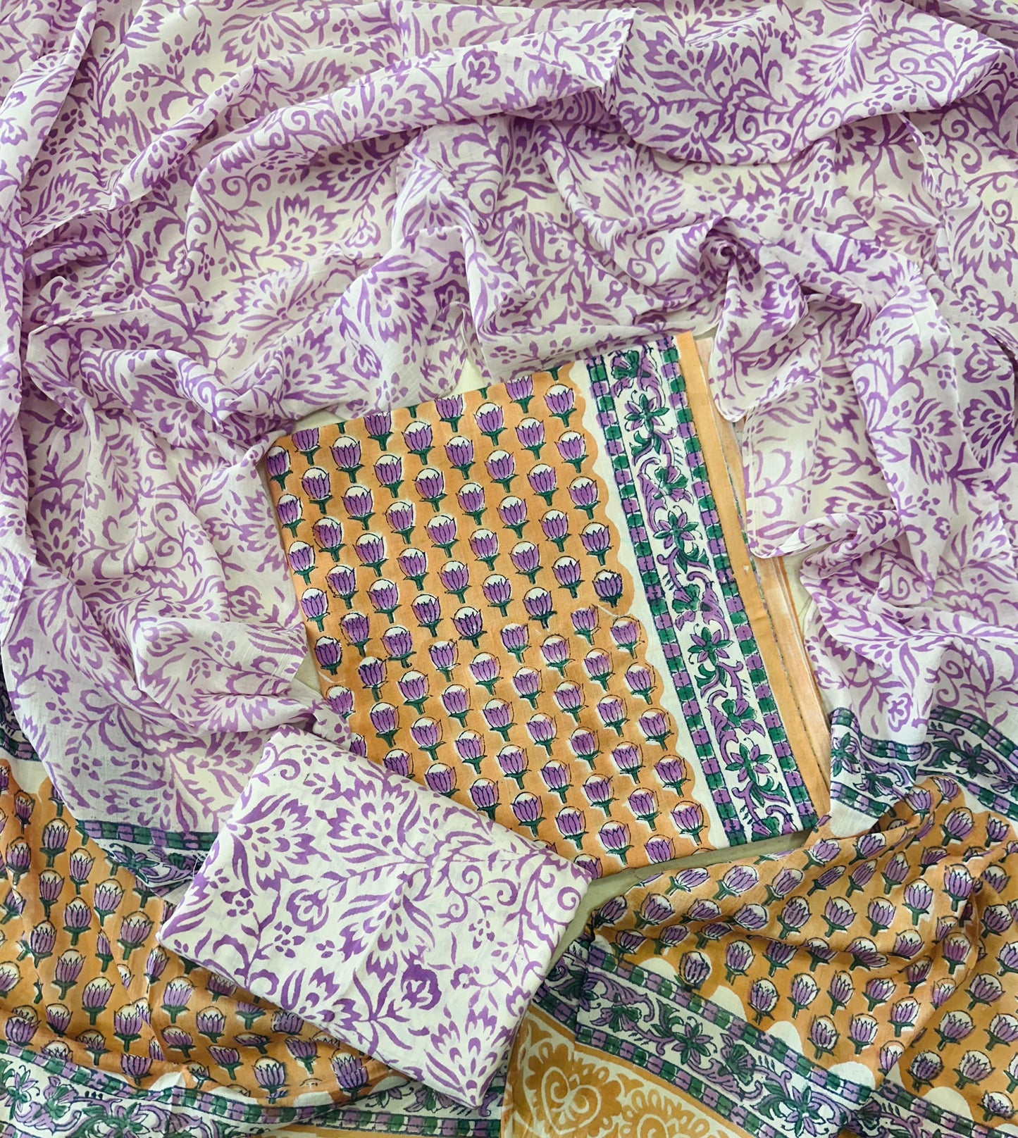 Traditional Hand printed cotton suit with cotton Dupatta