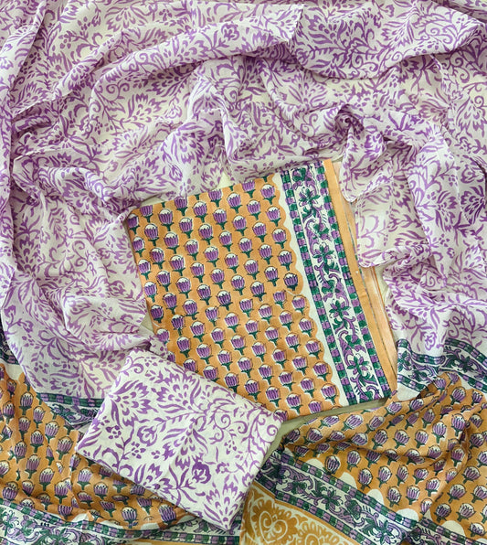 Traditional Hand printed cotton suit with cotton Dupatta
