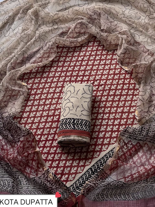 Designer Handblock printed cotton suit with kota doriya dupatta