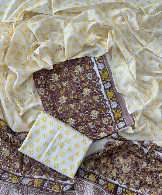 Traditional Hand printed cotton suit with cotton Dupatta