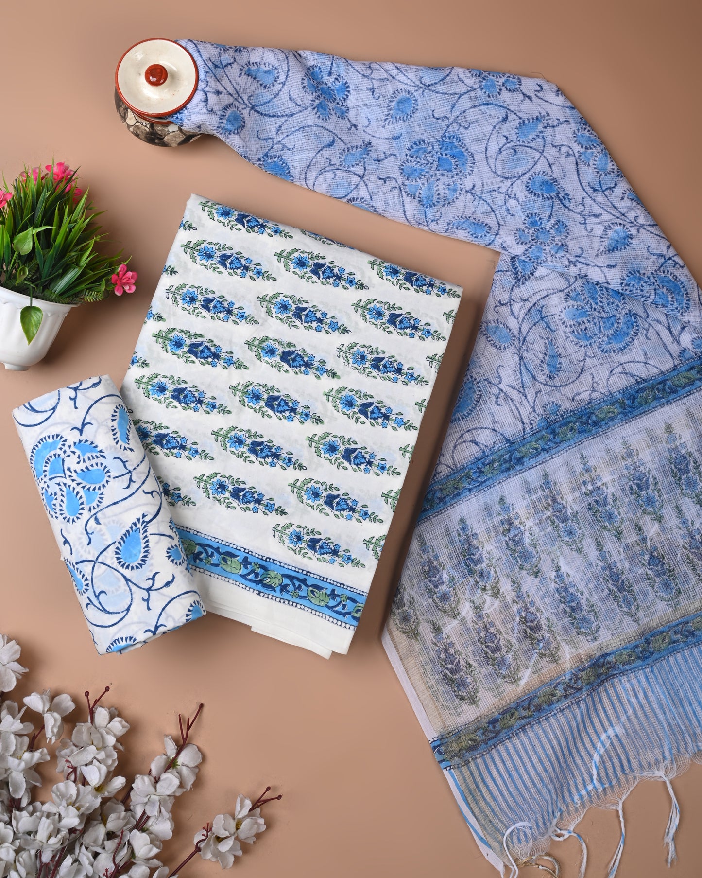Designer Handblock printed cotton suit with kota doriya dupatta
