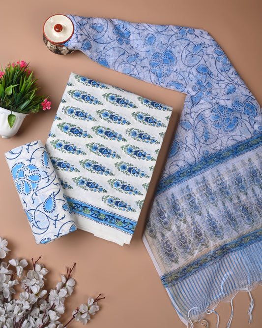 Designer Handblock printed cotton suit with kota doriya dupatta