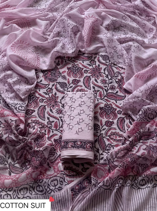Traditional Hand printed cotton suit with cotton Dupatta