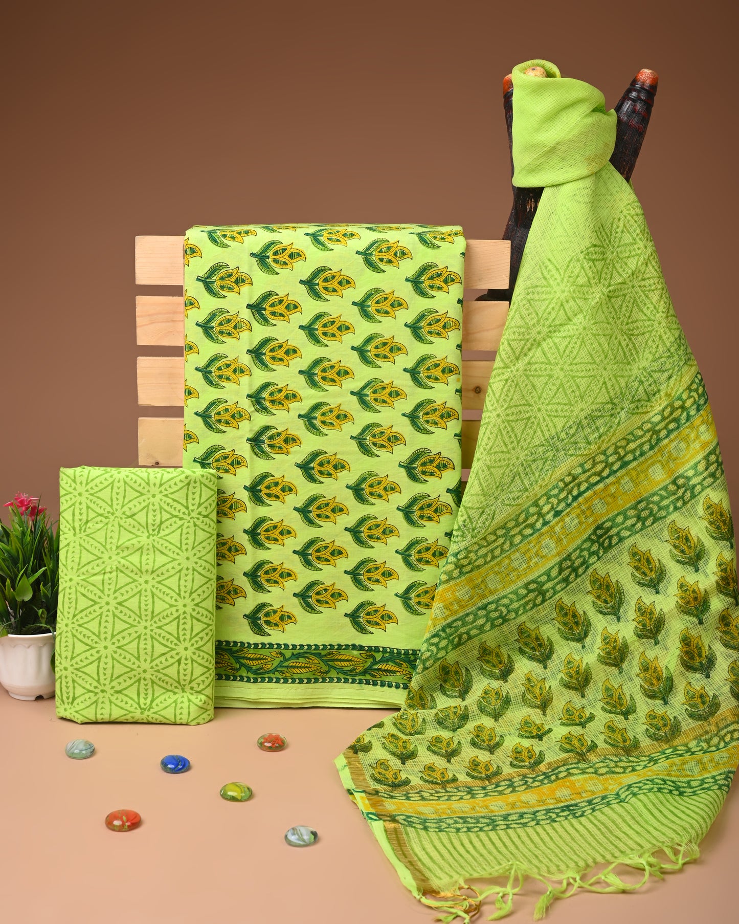 Designer Handblock printed cotton suit with kota doriya dupatta