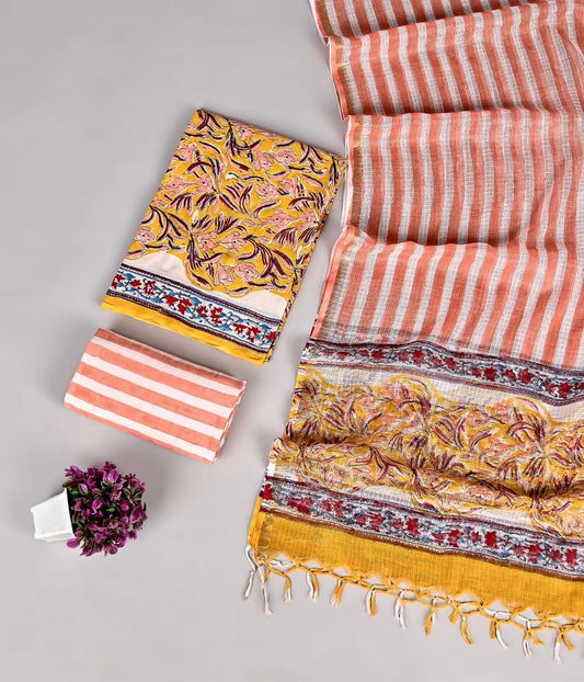Designer Handblock printed cotton suit with kota doriya dupatta