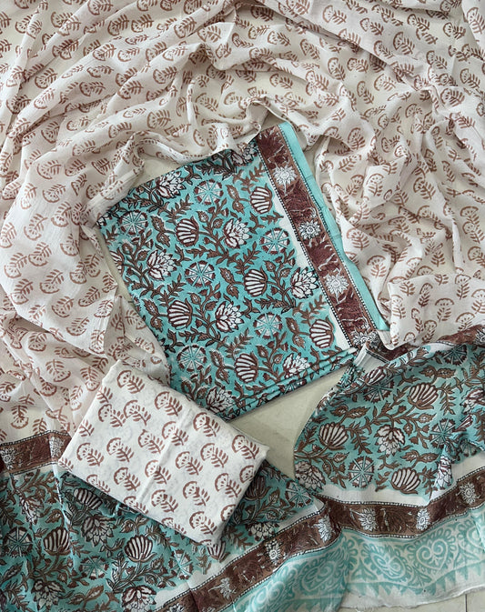 Traditional Hand printed cotton suit with cotton Dupatta